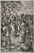 view Two lame men come to Christ and the apostles. Engraving by A. de Bruyn after P. van der Borcht.