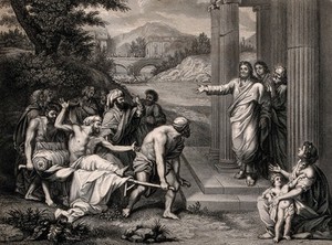 view The paralytic is brought on a stretcher to Christ. Engraving by P. Lightfoot after J.B. Jouvenet.