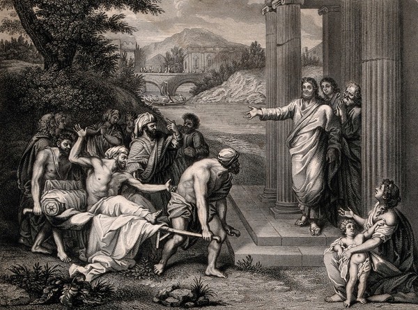 The paralytic is brought on a stretcher to Christ. Engraving by P. Lightfoot after J.B. Jouvenet.