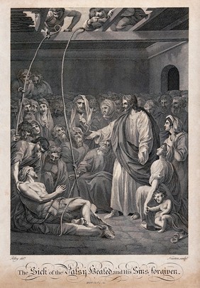 The paralytic is lowered through the roof of a crowded house so that Christ can reach him and cure him. Engraving by J. Newton, 1795 (?), after C.R. Ryley.