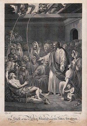 view The paralytic is lowered through the roof of a crowded house so that Christ can reach him and cure him. Engraving by J. Newton, 1795 (?), after C.R. Ryley.