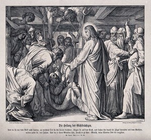 view A paralysed man is lowered down through the roof so Christ can reach him through the crowds. Wood engraving by A. Gaber.