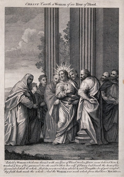 Christ cures the haemorraghing woman. Etching.