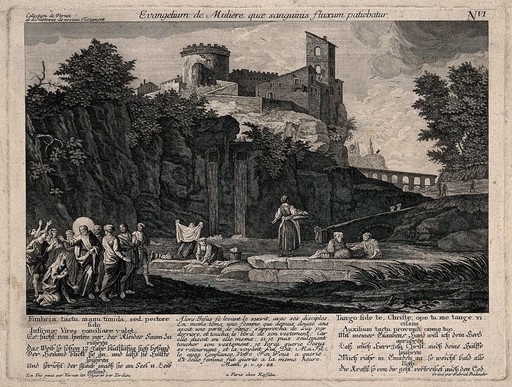 Christ heals the haemorrhaging woman; women wash their linen in a pond. Etching by G. Bodenehr after C.J. Vernet and J.C. Tardieu.
