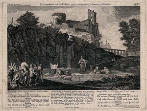 view Christ heals the haemorrhaging woman; women wash their linen in a pond. Etching by G. Bodenehr after C.J. Vernet and J.C. Tardieu.