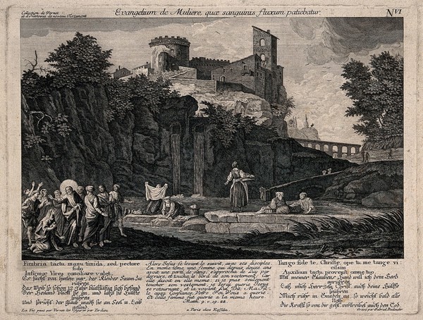 Christ heals the haemorrhaging woman; women wash their linen in a pond. Etching by G. Bodenehr after C.J. Vernet and J.C. Tardieu.