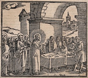 view Christ raises Jairus' daughter. Woodcut.