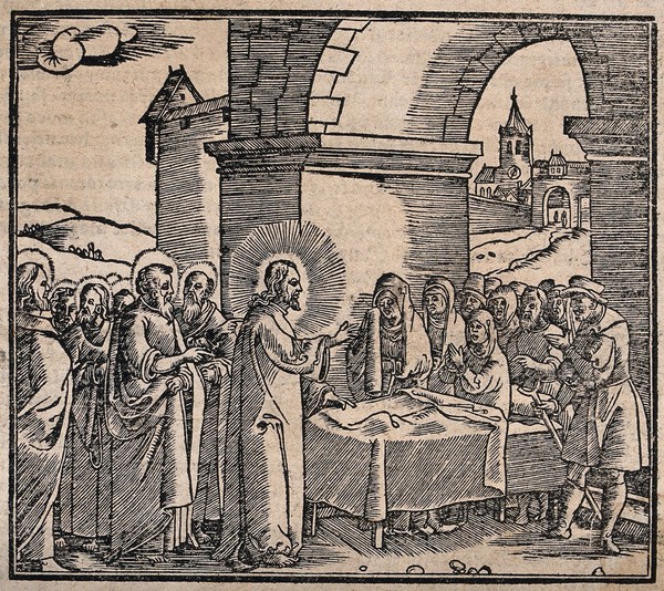 Christ raises Jairus' daughter. Woodcut.