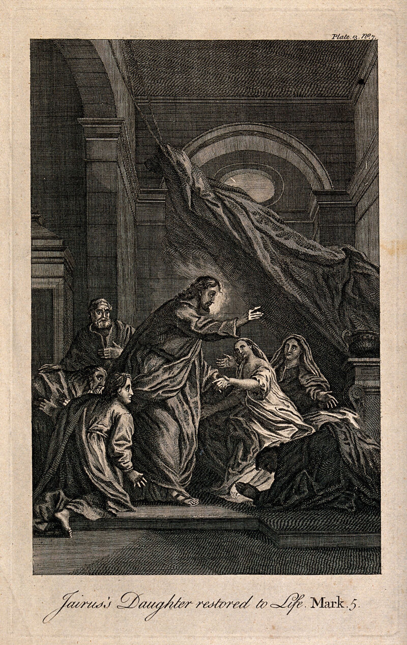 Christ raises Jairus' daughter. Etching after C. de Lafosse., by Charles de La Fosse