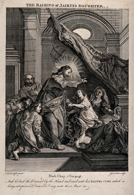 Christ raises Jairus' daughter. Etching by J. Kirk after C. de Lafosse.