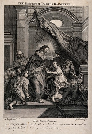 view Christ raises Jairus' daughter. Etching by J. Kirk after C. de Lafosse.