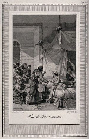 view Christ raises Jairus' daughter. Etching by Dupréel after N.A. Monsiaux.