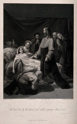 view Christ raises Jairus' daughter; Jairus kisses Christ's foot. Stipple engraving by J. Jenkins after Delonne.