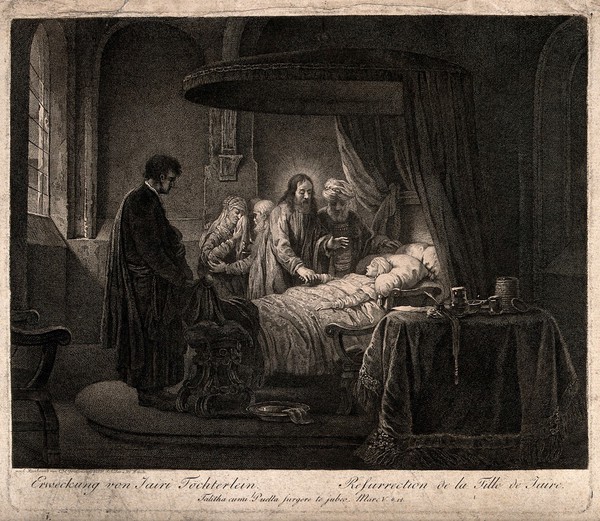 Christ raises Jairus' daughter. Etching by C.W. Griessmann after G. van den Eeckhout.