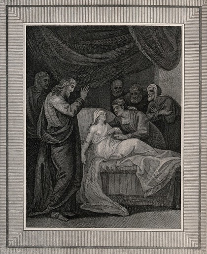 Christ raises Jairus' daughter. Engraving.