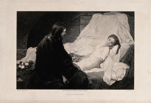 view Christ sits at the bedside of Jairus's sickening daughter. Etching by E.F. Mohn after G.C. von Max.