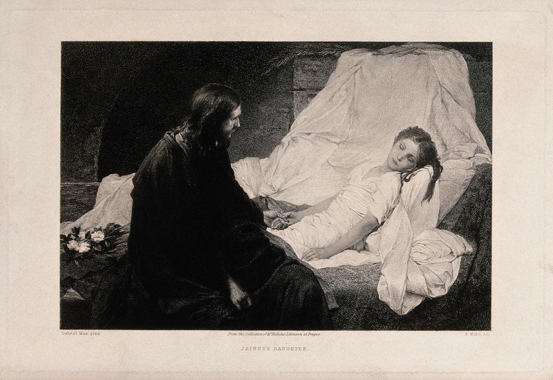 Christ sits at the bedside of Jairus's sickening daughter. Etching by E.F. Mohn after G.C. von Max., by Gabriel von Max