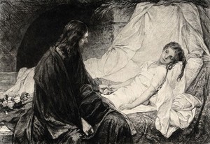 view Christ sits at the bedside of Jairus's sickening daughter. Etching after G.C. von. Max.