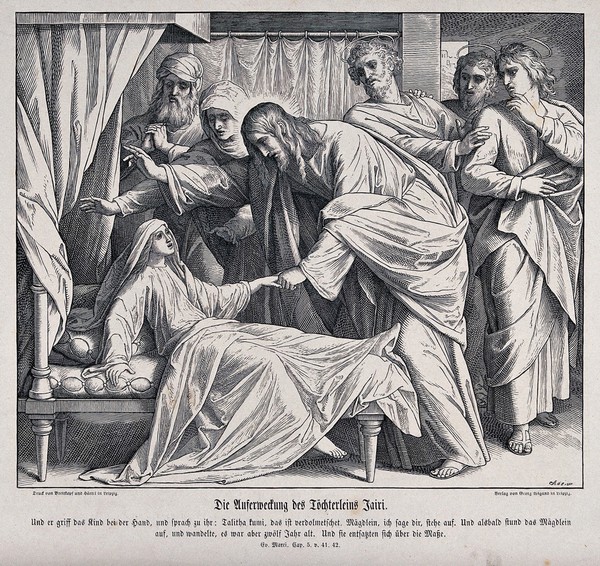 Christ raises Jairus's 12 year old daughter. Wood engraving.