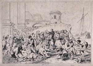 view The sick are brought to Christ at Gennesaret by the sea. Etching, 1834, after J-B. Jouvenet.