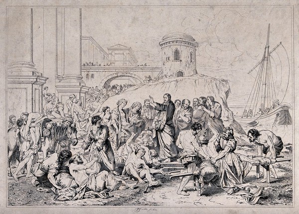 The sick are brought to Christ at Gennesaret by the sea. Etching, 1834, after J-B. Jouvenet.