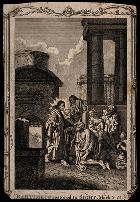 Christ cures blind Bartimeus near a temple. Etching.
