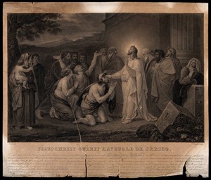 view Christ heals blind Bartimeus in the evening. Stipple engraving by Lecomte after Deveria.