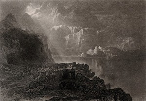 view Christ feeds the five thousand in a sublime landscape. Mezzotint with engraving by J. Martin, 1835.