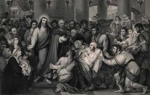 Crowds gather as Christ heals the sick. Engraving by T. Phillibrown after B. West.