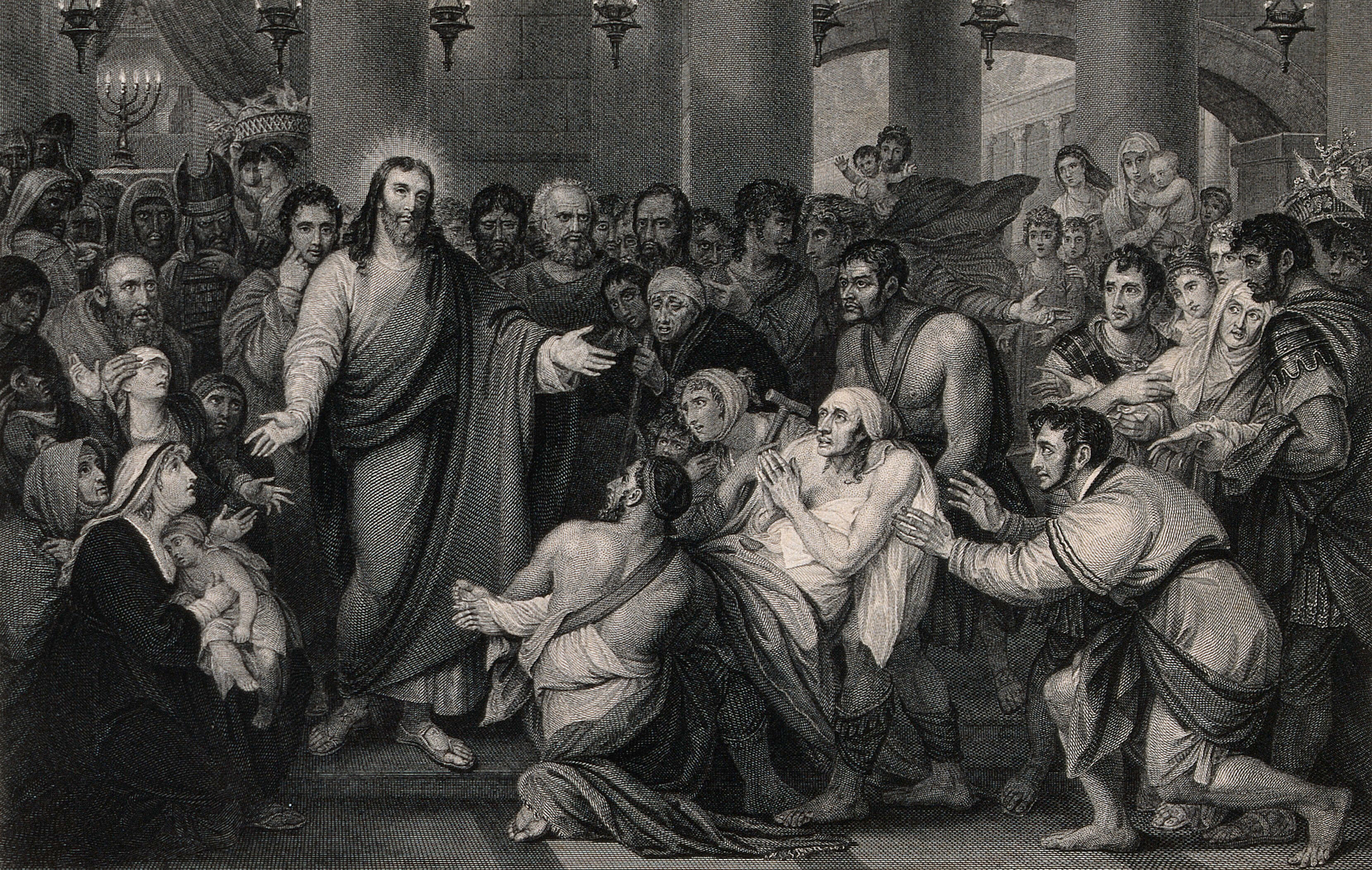crowds gather as christ heals the sick engraving by t copyright law us