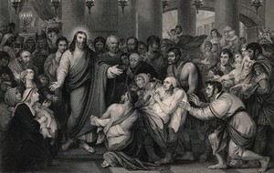 view Crowds gather as Christ heals sick people. Engraving by T. Phillibrown after B. West.