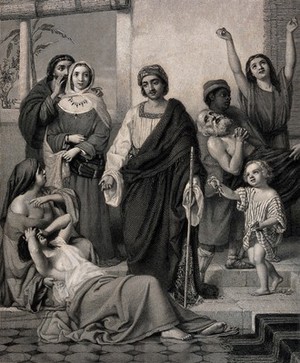 view Job giving alms to the sick. Engraving by H. Bourne, 1862, after W.C.T. Dobson.