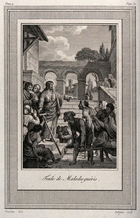 A crowd of sick people congregates around Christ. Etching by J-L. Delignon after N.A. Monsiaux.