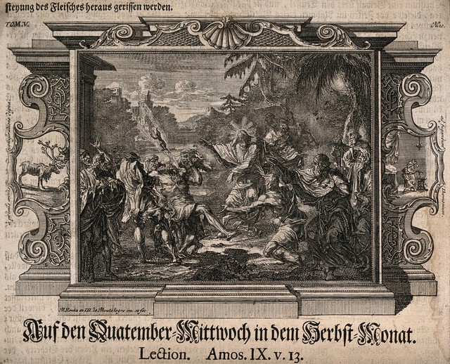 Christ heals a demoniac; a demon is expelled into the air. Etching by J.D. de Montalegre and M.H. Rentz.