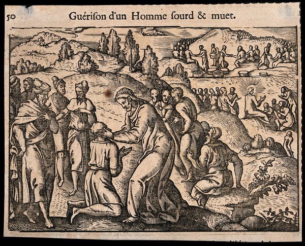 Christ cures a deaf man with his hands. Woodcut.