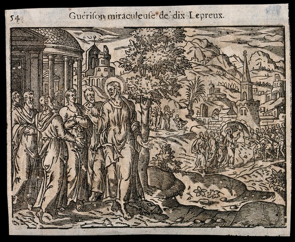 Christ cures ten people with leprosy. Woodcut.