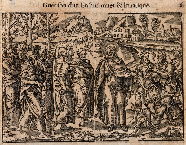 Christ heals a dumb, mentally ill child. Woodcut.