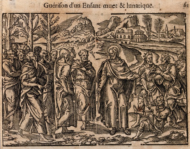 Christ heals a dumb, mentally ill child. Woodcut.