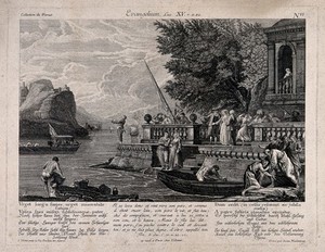 view The prodigal son returns home by boat to a large party. Etching by J. Wachsmuth after C.J. Vernet and J.C. Tardieu.