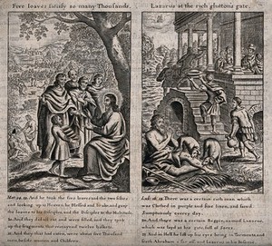 view Lazarus prays as his sores are licked by dogs; Dives feasts on his balcony. Engraving.