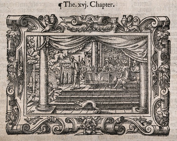 Lazarus prays as his sores are licked by dogs; Dives feasts on his balcony. Woodcut.