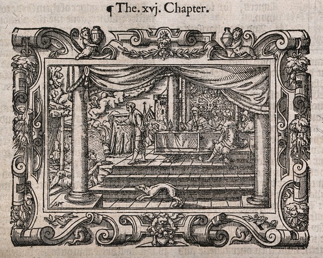 Lazarus prays as his sores are licked by dogs; Dives feasts on his balcony. Woodcut.