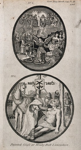 The good Samaritan helps the man who has been robbed and beaten. Engraving, 1793, after stained glass window at Healey Hall, Lancashire.