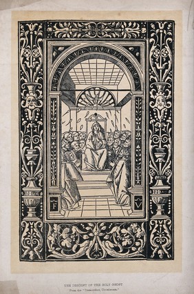 Tongues of fire appear to the apostles, who sit around a throne, occupied by the praying Virgin Mary. Reproduction of a woodcut.