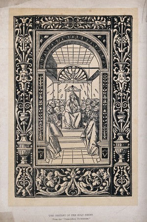 view Tongues of fire appear to the apostles, who sit around a throne, occupied by the praying Virgin Mary. Reproduction of a woodcut.