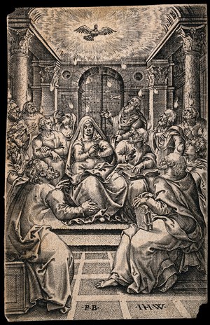 view Tongues of fire descend on the apostles (Pentecost). Engraving by Jan Wierix, 1581, after P. van der Borcht.