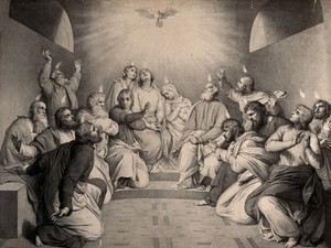 view Tongues of fire descend on the apostles at Pentecost. Lithograph.