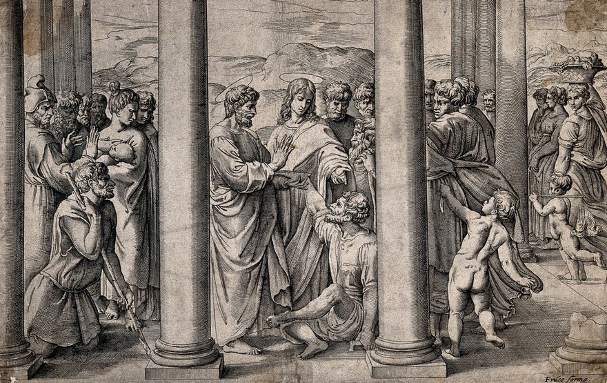 Saint Peter and Saint John heal the lame man. Engraving by B. Franco, il Semolei, after Raphael.