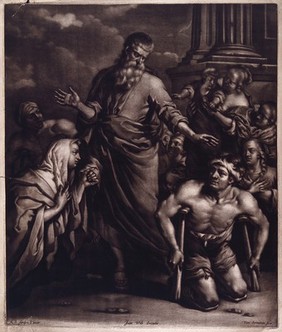 Peter heals the lame man outside the temple. Mezzotint by P. van Somer after K. Dujardin.