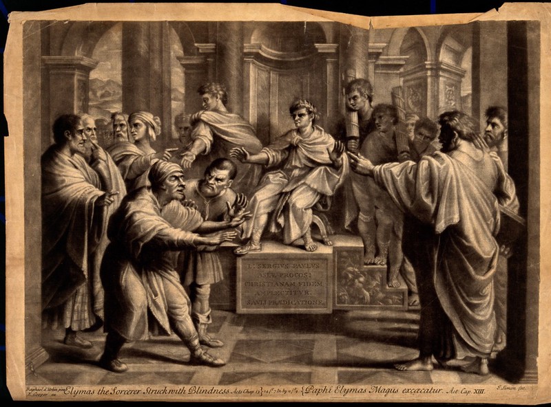 Elymas (also known as BarJesus) the magician is rendered blind by Paul